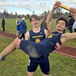 RYAN SPARKS | THE DAILY WORLD Aberdeens Henry Nelson (standing) and Isaac Garcia combined to win XXX events and break three meet records to lead the Bobcats to a first-place finish at the Ray Ryan Memorial Grays Harbor Championships on Saturday at Miller Junior High School in Aberdeen.