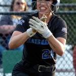 PHOTO BY FOREST WORGUM Grays Harbor College second baseman Desiree Becherer celebrates forcing in a run with a bases-loaded walk during a doubleheader against Centralia College on Friday in Centralia.
