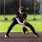 PHOTO BY FOREST WORGUM Grays Harbor College shortstop Kassidy Byrd makes a play during a doubleheader against Centralia College on Friday in Centralia.
