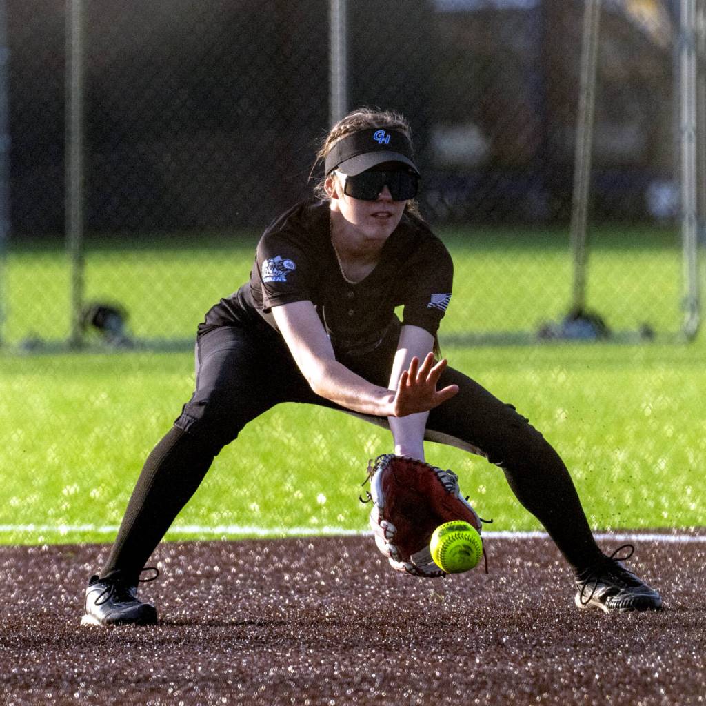 PHOTO BY FOREST WORGUM Grays Harbor College shortstop Kassidy Byrd makes a play during a doubleheader against Centralia College on Friday in Centralia.