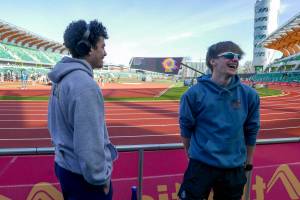 SUBMITTED PHOTO Aberdeens Isaac Garcia (left) and Henry Nelson share a laugh during the Oregon Relays at the University of Oregon this past weekend.