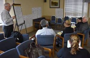 Jerry Knaak photos / The Daily World
Consultant Thomas OConnor leads a strategic planning session with Grays Harbor County Commissioners Georgia Miller, Rick Hole, and Vickie Raines, along with County Administrator Sam Kim and Clerk of the Board Wendy Chatham in attendance in the city council chambers at Hoquiams city hall.