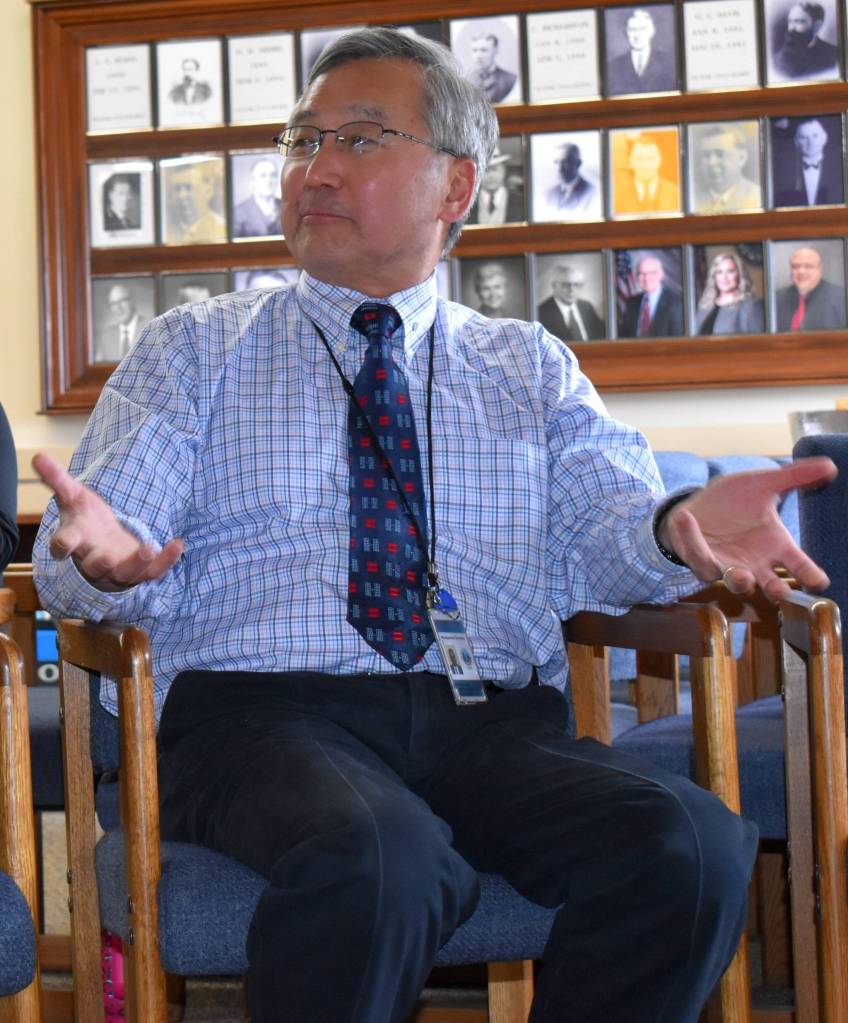Grays Harbor County Administrator Sam Kim participates in a strategic planning session in the city council chambers at Hoquiams city hall.