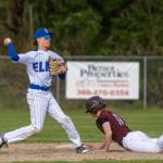 PHOTO BY FOREST WORGUM Elma second baseman Cole Gustafson (left) attempts to turn a double play as Montesanos Kole Kjesbu slides during a doubleheader on Friday in Elma.