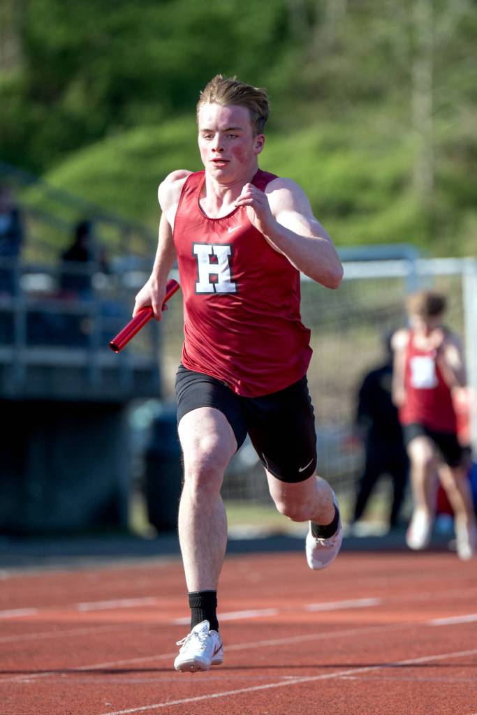 PHOTO BY FOREST WORGUM Hoquiams Oliver Bryson runs in the 4x400-meter relay at a 1A Evergreen League meet on Wednesday in Hoquiam.