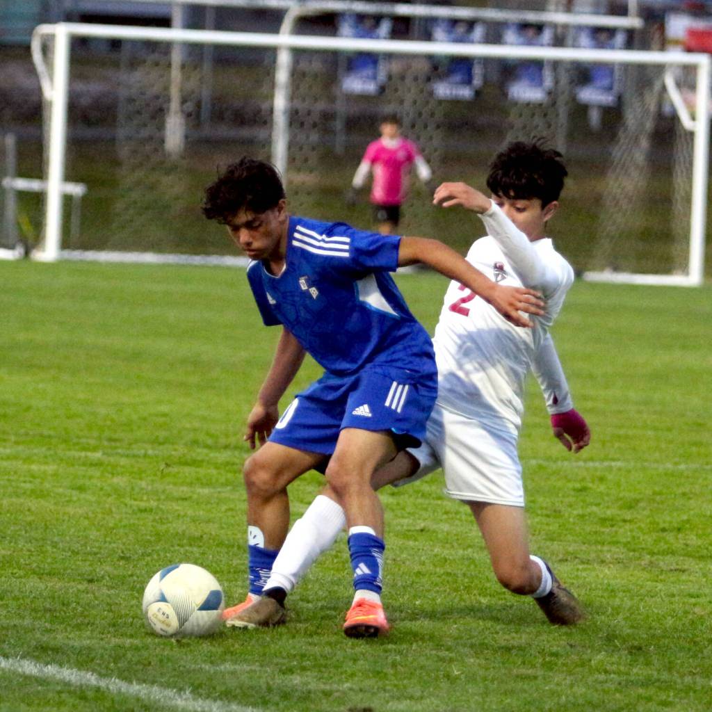 RYAN SPARKS | THE DAILY WORLD Elmas Luis Torres (left) has the ball poked away by Hoquiam defender Alexsander Perez during a 1A Evergreen League game on Thursday at Davis Field in Elma.