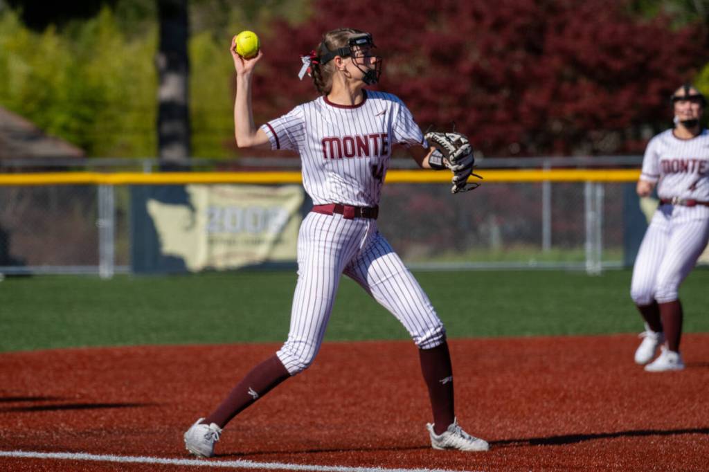 PHOTO BY FOREST WORGUM Montesano third baseman Lex Stanfield throws to first during a doubleheader against Tenino on Thursday at Montesano High School.