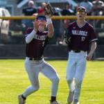 PHOTO BY FOREST WORGUM Montesano infielder Zach Timmons (left) makes a catch in front of Caden Grubb during a doubleheader against Tenino on Friday at Vessey Field in Montesano.