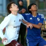 RYAN SPARKS | THE DAILY WORLD Montesano defender Terek Gunter (left) and Elma forward Manny Venegas ready to play a ball during the Eagles 3-2 win on Monday at Davis Field in Elma.