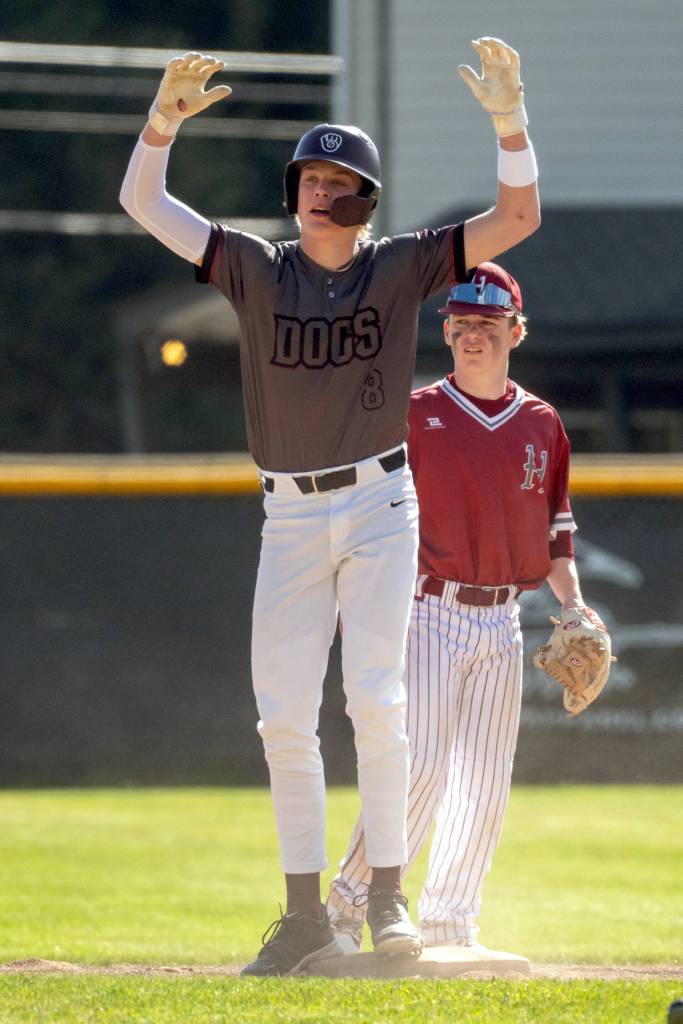 PHOTO BY FOREST WORGUM Montesanos Mason Fry celebrates hitting a double during a 2-1 win over Hoquiam on Tuesday in Montesano.