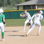 RYAN SPARKS | THE DAILY WORLD Aberdeen shortstop Zoe Vessey (1) takes a throw from second baseman Ally Adams (30) to record an during a 2-1 loss to Tumwater on Thursday at the Bishop Athletic Complex in Aberdeen.