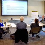 Grays Harbor County Administrator Sam Kim, county commissioners Georgia Miller, Rick Hole and Vickie Raines, and Clerk of the Board Wendy Chatham, participate in a strategic planning session led by consultant Thomas OConnor.