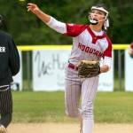 PHOTO BY FOREST WORGUM Hoquiam shortstop Lexi LaBounty throws to first during a 13-4 win over Tenino on Monday at John Gable Park in Hoquiam.