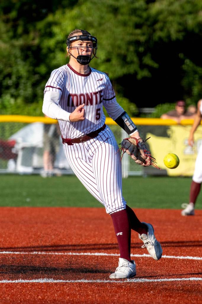 PHOTO BY FOREST WORGUM Montesanos Grace Gooding throws a pitch during a 7-6 victory over Rochester on Thursday in Montesano.