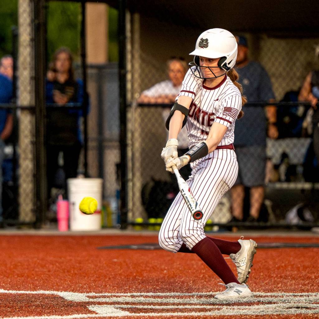 PHOTO BY FOREST WORGUM Montesano leadoff hitter Liv Robinson collects one of her two hits during a 7-6 win over Rochester on Thursday at Montesano High School.