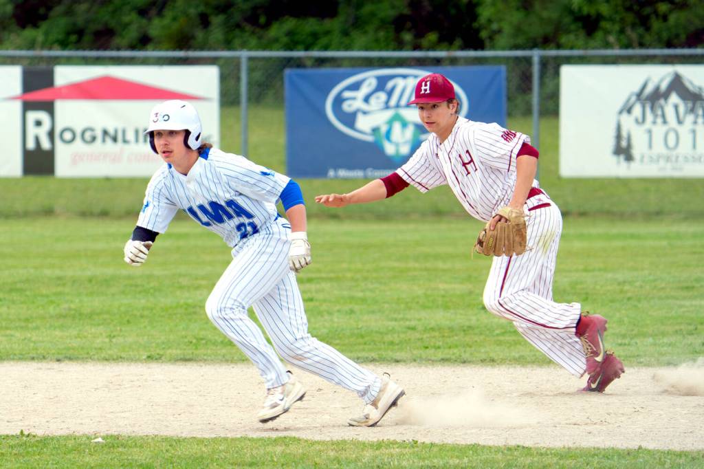 NICOLE SHANNON | MAIN FOCUS MEDIA Elmas Jack Alexander (left) leads off second while watched by Hoquiam shortstop Nite Turpin during a doubleheader on Friday in Elma.