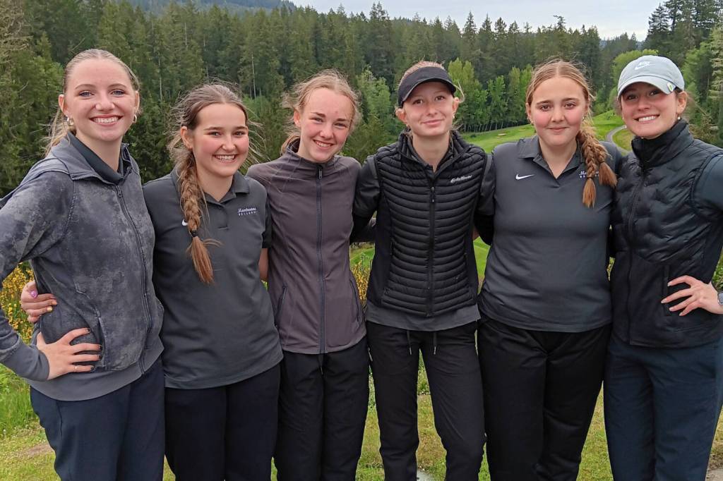 SUBMITTED PHOTO The Montesano girls golf team of (from left) Jessie Lalonde, Rory Gourdin, Ashley Hill, Molly Krasowski, Lucy Scott and Maggi Kupka competed at the Kitsap Invitational Tournament on Tuesday, April 29 in Bremerton.