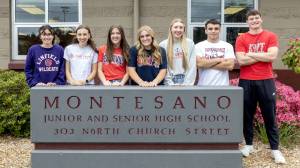 PHOTO BY SHAWN DONNELLY 
Montesano High School celebrated seven student-athletes that signed to play at the collegiate level in a ceremony on Friday at Montesano High School. Pictured are (from left) Hailey McElroy (Linfield College), Samantha Schweppe (Saint Martins University), Sam Roundtree (Lower Columbia), Ali Parkin (Lower Columbia), Karissa Otterstetter (Lower Columbia), Marcus Hale (Pacific Northwest Christian) and Mason Rasmussen (Montana Western University).
