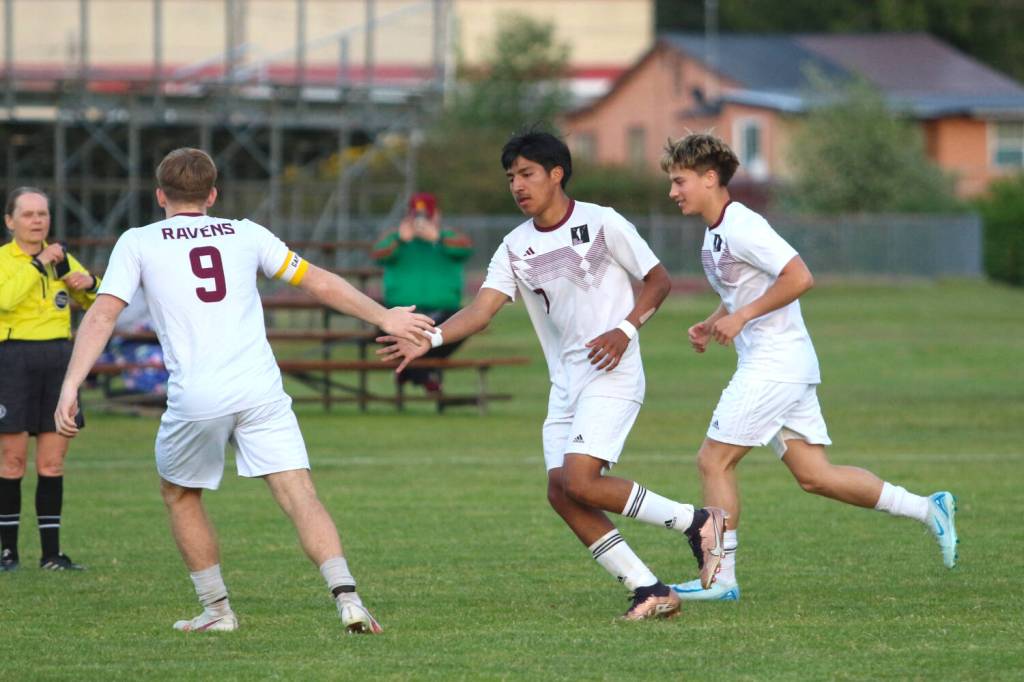 RYAN SPARKS | THE DAILY WORLD Raymond-South Bends Ivan Rodriguez (7) in congratulated by teammate Evan Cone (9) after scoring a goal in a 1-0 win over Elma on Tuesday at Elma High School.