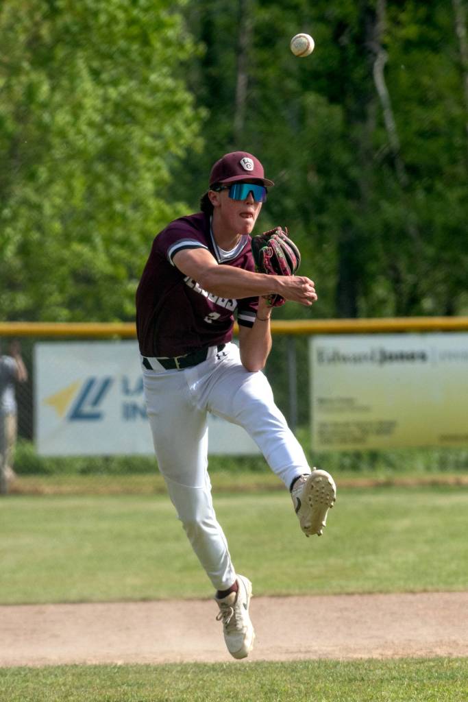PHOTO BY FOREST WORGUM Montesano shortstop Toren Crites throws to first during a doubleheader against Rochester on Tuesday at Vessey Field in Montesano.