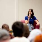 Rep. Marie Gluesenkamp Perez talks to constituents in Vancouver, during a town hall meeting on April 24, 2025.