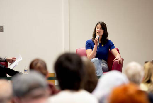 Rep. Marie Gluesenkamp Perez talks to constituents in Vancouver, during a town hall meeting on April 24, 2025.