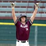 RYAN SPARKS / THE DAILY WORLD Montesano catcher Colton Grubb gestures to his teammates after hitting a double during a 6-0 win over Castle Rock in a 1A District 4 Tournament game on Monday in Hoquiam.