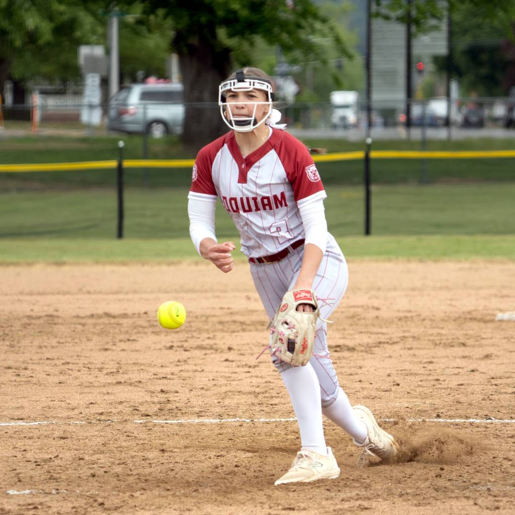 NICOLE SHANNON | THE CHRONICLE Hoquiams Hallie Burgess throws a pitch during a district-tournament game against Columbia-White Salmon on Wednesday in Centralia.