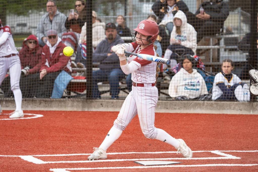 NICOLE SHANNON | THE CHRONICLE Hoquiams Mya Standstipher collects a base hit during a 1A District 1/4 Tournament game on Thursday at Fort Borst Park in Centralia.