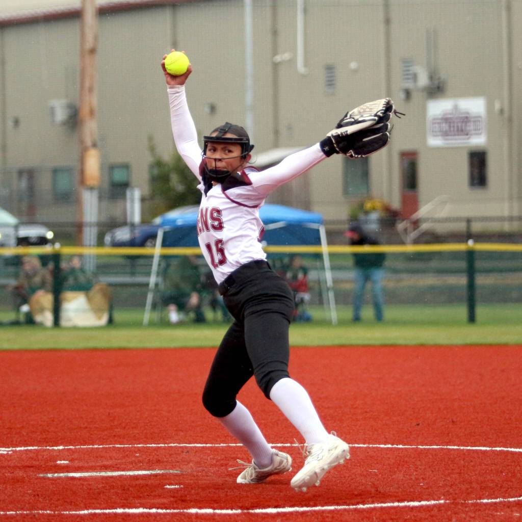 RYAN SPARKS | THE DAILY WORLD Raymond-South Bend eighth-grader Maddy San earned the win in a 16-12 victory over Pe Ell-Willapa Valley in the 2B District 4 championship game on Thursday and Friday in Centralia.