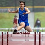 PHOTO BY FOREST WORGUM Elmas Georgia Burkhart placed first in the girls 300-meter hurdles at the 1A Evergreen League Championships on Friday at Montesano High School.