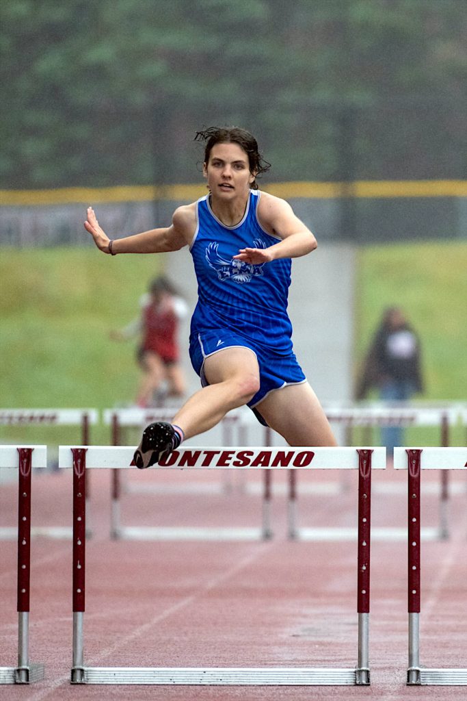 PHOTO BY FOREST WORGUM Elmas Georgia Burkhart placed first in the girls 300-meter hurdles at the 1A Evergreen League Championships on Friday at Montesano High School.