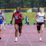 PHOTO BY FOREST WORGUM Hoquiams RanaèJah Burtenshaw (second from left) outruns (from left) Rochesters Merecedies Dupont, Montesanos Hailey McElroy and Elmas Emily Escoffon in the girls 100 meters at the 1A Evergreen League Championships on Friday at Montesano High School.