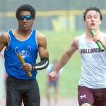 PHOTO BY FOREST WORGUM Elmas Ricardo Guadarrama (left) and Montesanos Ashton McKinney race down the final stretch of the boys 4x100-meter relay at the 1A Evergreen League Championships on Friday at Montesano High School.