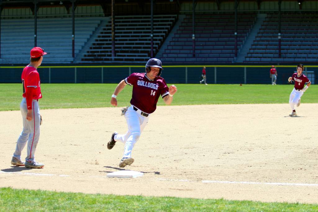 RYAN SPARKS / THE DAILY WORLD 
Montesanos Caden Grubb rounds third during a 1A State Tournament win over Kings on Saturday in Hoquiam.