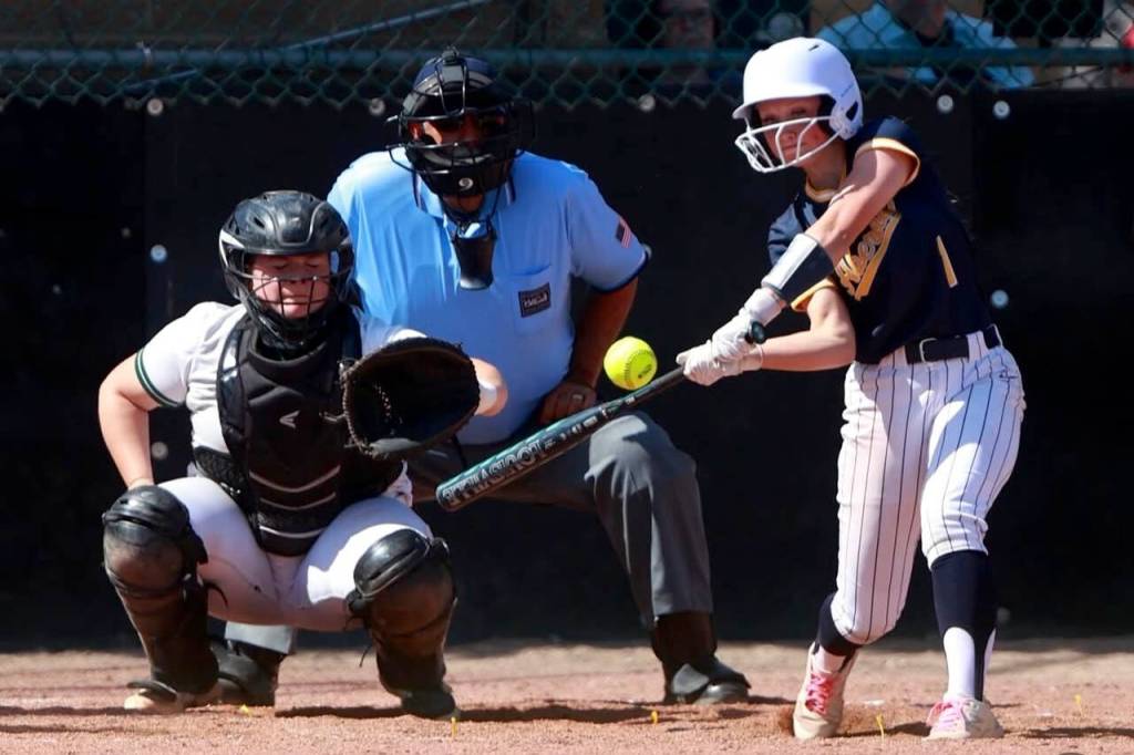 SUBMITTED PHOTO Aberdeen shortstop Zoe Vessey connects with a pitch during a 2-1 win over Port Angeles in the 2A State Championship game on Saturday, May 24 at Carlon Park in Selah.