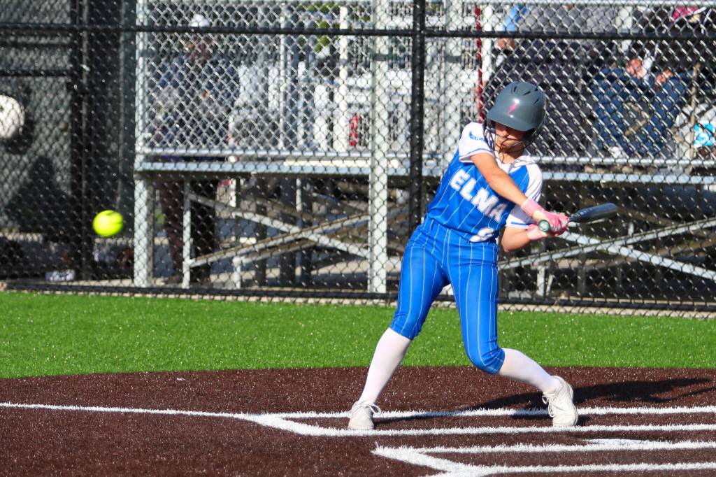RYAN SPARKS | THE DAILY WORLD Elmas Mia Monroe swings at a pitch during the Senior Showcase softball game on Thursday at Centralia College.