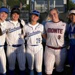 RYAN SPARKS | THE DAILY WORLD Rochesters Arrissa LeBaron (left), Layna Demers (32) and Cheyenne Justice (26) pose for a photo with Montesanos Ali Parkin (3) and Elmas Mia Monroe at the Senior Showcase softball game on Thursday at Centralia College.