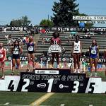 SUBMITTED PHOTO Hoquiams RanaèJah Burtenshaw (1) stands atop the podium after posting a time of 12.24 to win the 1A State Championship in the girls 100 meters on Saturday at Zaepfel Stadium in Yakima.