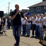 RYAN SPARKS | THE DAILY WORLD Aberdeen Mayor Douglas Orr speaks during a ceremony to honor the Bobcats state-championship softball team on Monday at Aberdeen High School.