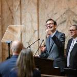 Ridley Hudson / The Chronicle
Gov. Bob Ferguson gives a thumbs up to his family during his inaugural address at the Washington State Capitol in Olympia on Wednesday, Jan. 15.