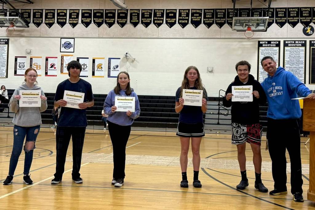 PHOTO COURTESY OF NORTH BEACH HIGH SCHOOL The North Beach Booster Club awarded Hyak Pride awards to (from left) Alexus Lash, Kaemon Bighead, Arabella Porter, Brooklyn Reither and Parker Johnson in a ceremony on Friday in Ocean Shores. Not pictured: George Harmon.