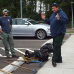Casey Lacefield, a 1302 crew member with the Washington State Department of Natural Resources at the Central Park Station, walked the group through the hand tools that the crew may use on a fire.