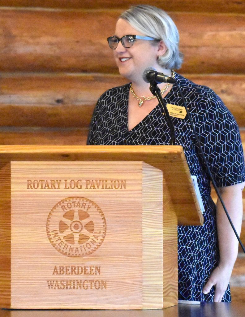 President of Grays Harbor College Dr. Carli Schiffner addresses assembled guests at the GGHI State of Grays Harbor event. ( Jerry Knaak / The Daily World )