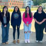 From left: Willobelle Valentine, Eva Jump, Madeline Schaeffer, Anica Reimer, Alanna Miles, and GHC President Dr. Carli Schiffner on the Aberdeen campus. (Grays Harbor College)