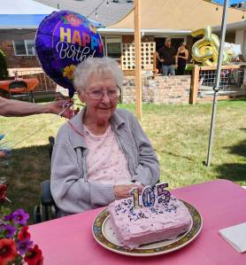 Courtesy photos
Former Harborite Elsie Pickles celebrated her 105th birthday over five days, from June 28 to July 3, to allow time to talk to visitors one-on-one. Her birthday was July 1, 1920.