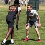 Hoquiams Chris Curley lines up to cover a receiver from Thomas Jefferson High School during 7 on 7 drills at the Grays Harbor Football Camp on Sunday.