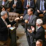 Ryan Berry / Washington State Standard
Senate Minority Leader John Braun, R-Centralia, fist bumps Rep. Ed Orcutt, R-Kalama after being acknowledged during Gov. Bob Fergusons inaugural address Wednesday, Jan. 15, at the Washington State Capitol in Olympia.