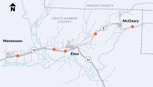 WSDOT
Map showing project locations at U.S. Highway 12 and state Route 8.