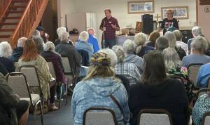 Jerry Knaak / The Daily World
Rep. Adam Bernbaum speaks before an Ocean Shores Indivisible meeting.